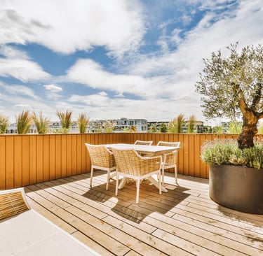outdoor wooden deck and seating area at an Auckland property