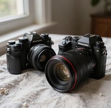 A close-up, artistic shot of two different camera bodies—one film and one digital—resting on a pearl-colored linen cloth. Soft morning sunlight filters through a window in a North American / US home. The color palette includes muted olive and dark charcoal tones.
