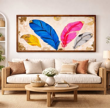 a living room with a couch and a painting