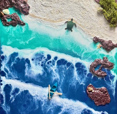 A painting of a surfer in the ocean