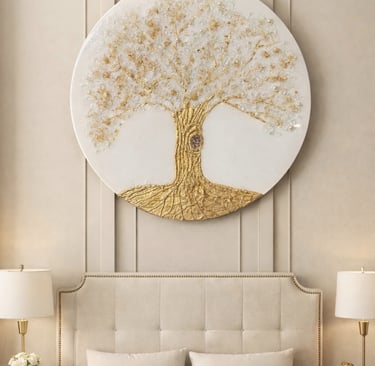 a bed with a large tree on the wall