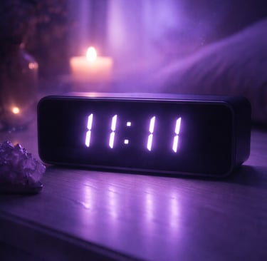 11:11 Angel Number Digital Clock in Dark Room – Spiritual Purple Glow Aesthetic, Calm Mystical Night