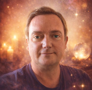 Portrait of a man with a mystical background featuring stars, candles, and a crystal ball.