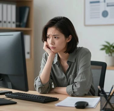 gere uma imagem de uma mulher em sua mesa de trabalho com cara de dúvida se toma um decisão ou não