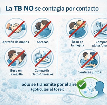 Diagrama educativo mostrando que la tuberculosis no se contagia por contacto físico