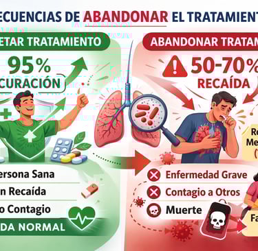 Comparación visual de consecuencias entre completar y abandonar el tratamiento de tuberculosis