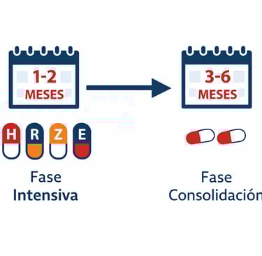 Diagrama de las dos fases del tratamiento de tuberculosis: 2 meses intensivos y 4 meses de consolida