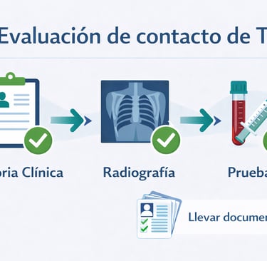 Diagrama del proceso de evaluación médica para contactos de tuberculosis incluyendo pruebas