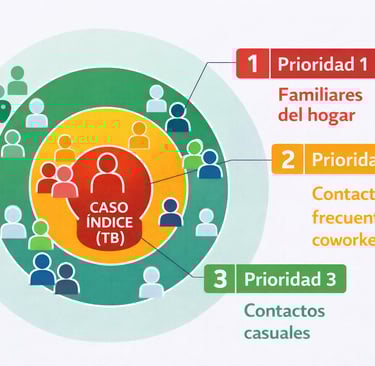 Diagrama de círculos de contacto mostrando prioridades de evaluación para personas expuestas a tbc