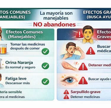 Guía visual de efectos secundarios del tratamiento de tuberculosis distinguiendo comunes de graves