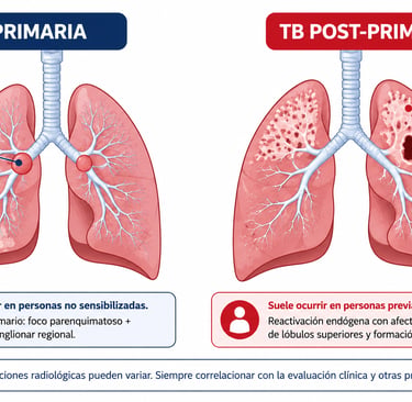 Ilustración de los hallazgos radiológicos típicos de la tuberculosis primaria y post-primaria