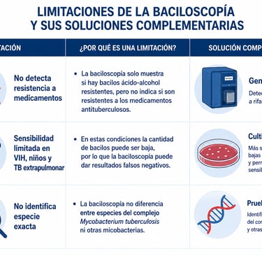 Infografía con las tres principales limitaciones de la baciloscopía para detectar tuberculosis