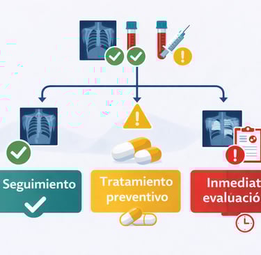Árbol de decisión mostrando tres escenarios posibles de resultados de evaluación de contacto tbc