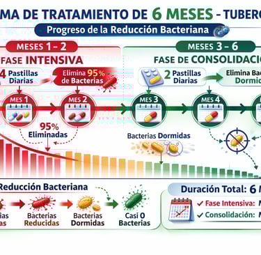 Línea de tiempo de 6 meses del tratamiento de tuberculosis mostrando fases intensiva y de consolidac
