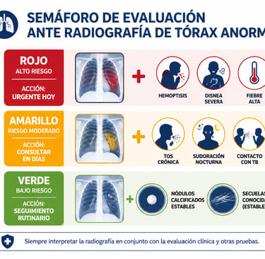 Semáforo médico que clasifica la urgencia de atención según los hallazgos en la radiografía de tórax
