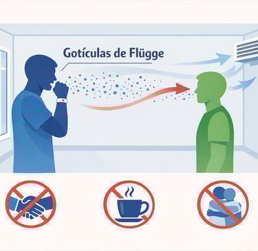 Diagrama científico de la transmisión aérea de la tuberculosis mediante gotículas al toser