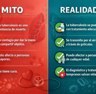 Infografía comparando mitos y realidades sobre tuberculosis con iconos visuales