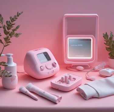 A set of beauty tools including a rose quartz roller and a modern skin massager arranged artfully.