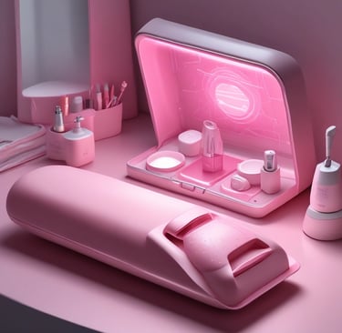 Close-up of a sleek pink facial cleansing brush glowing softly on a white marble surface.