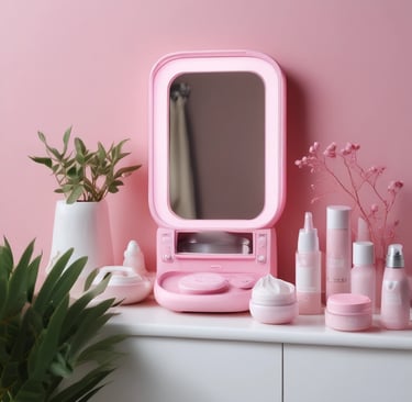 Elegant handheld LED light therapy device resting on a soft pink silk cloth.