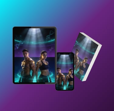 Digital fitness program display featuring a muscular man and woman on a tablet, smartphone, and ebook.