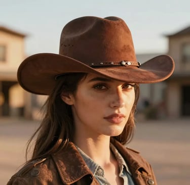 Femme portant un chapeau de cowboy en feutre marron, idéale pour un look western chic et moderne.