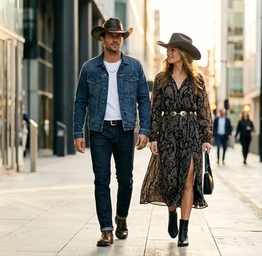 Homme et femme portant des chapeaux cowboy dans un style western moderne en ville.