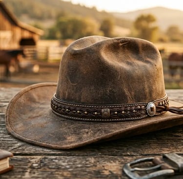 Gros plan sur un vrai chapeau de cowboy authentique en cuir.