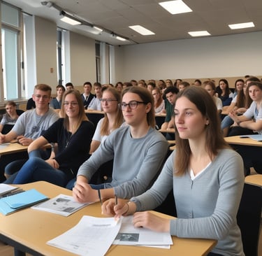 Photo of a lively German language class in session with students engaged and smiling.