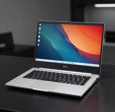 A professional business laptop open on a wooden desk with coffee and notebook.