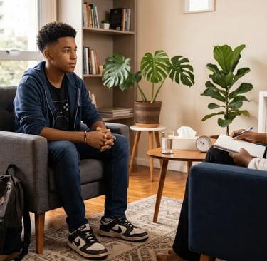 Psicóloga em sessão de psicoterapia com paciente adolescente.