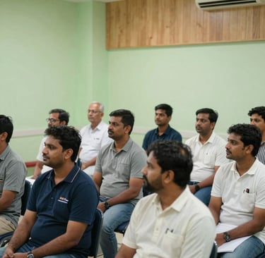 A group of South Asian / Indian individuals participating in a community health workshop, sitting in a bright room with pale green walls and wooden textures, atmosphere is professional and supportive.