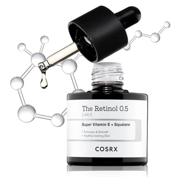 COSRX The Retinol 0.5 Oil with Super Vitamin E and Squalane for firming and smooth anti-aging skincare.