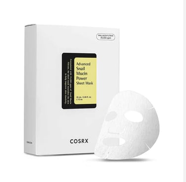 COSRX Advanced Snail Mucin Power Sheet Mask box with a single white facial mask for skin hydration.