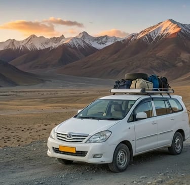 an Innova parked on a dirt road in the mountains of Ladakh