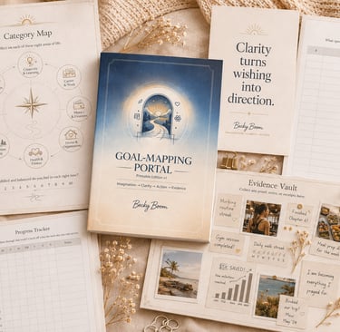 Becky Boom Goal-Mapping Portal flat lay showing planner pages, progress tracker, evidence vault, and