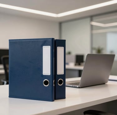 Interior of a modern, clean accounting office in a Spanish / Latin American city. A desk with navy blue leather folders and a professional laptop is illuminated by soft light.