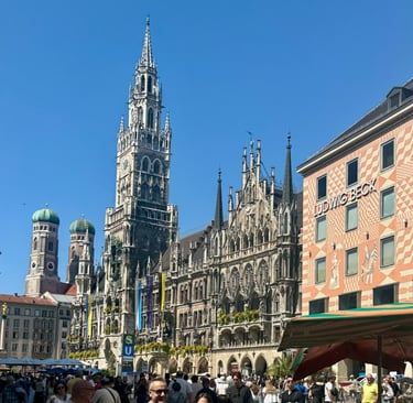 Historic buildings at Marienplatz in Munich on a sunny day