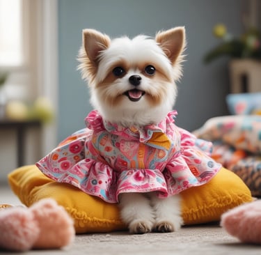 Stylish pet clothes displayed on mannequins in a boutique setting.