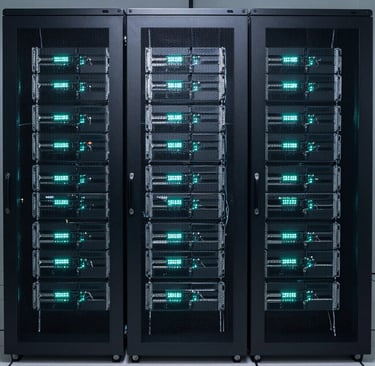 A professional wide-angle shot of a high-tech server room. Glowing steel teal lights illuminate rows of deep charcoal server racks. The composition is symmetrical and clean, suggesting order and precision in cybersecurity infrastructure.