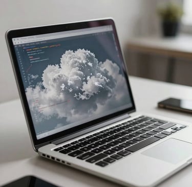 A close-up photograph of a modern workspace with a focus on a high-end laptop. The screen shows lines of code in a silver cloud and frost white color scheme. The lighting is soft and professional, highlighting a clean, efficient work environment.
