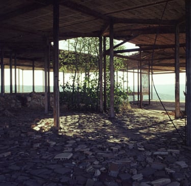Estructura abandonada con columnas metálicas y vegetación entre escombros, iluminada al fondo.