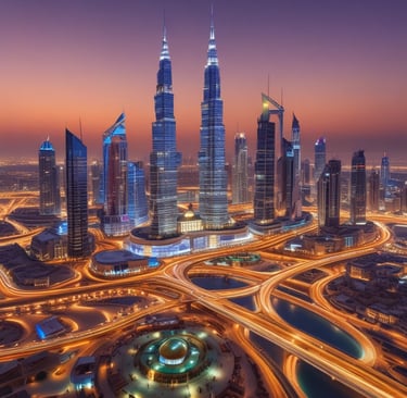 A determined Latina mother looking out over the Dubai skyline at sunset, symbolizing hope and resilience.