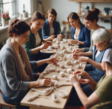 An inviting classroom setting with art supplies and smiling participants engaged in a creative course.
