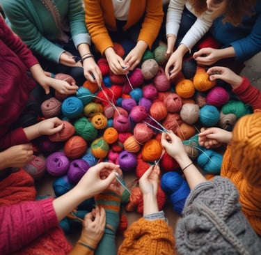Close-up of colorful yarns and knitting needles ready for a creative workshop.