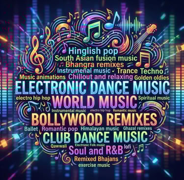 Vibrant music word cloud featuring EDM, Bollywood remixes, and world music genres with colorful notes.