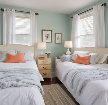 Spacious double room featuring two beds, simple decor, and a shared desk.