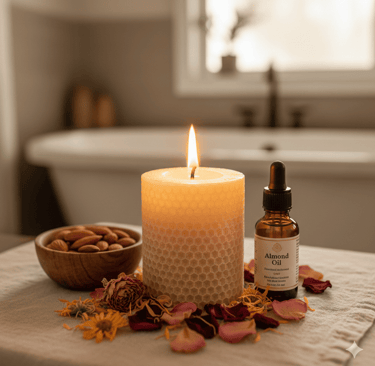 Una botella de aceite esencial de aromaterapia y una vela encendida sobre una mesa con lavanda