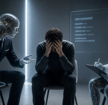 Man with head in hands being torn between a salesman android and a clinician android