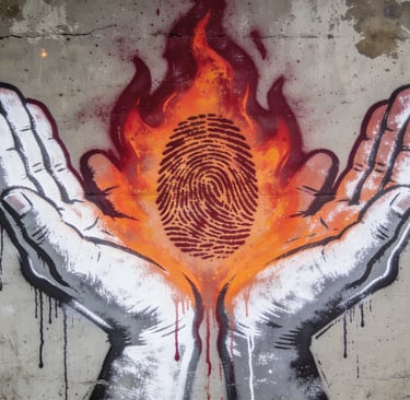 Two palms facing upwards holding a flame with a human fingerprint